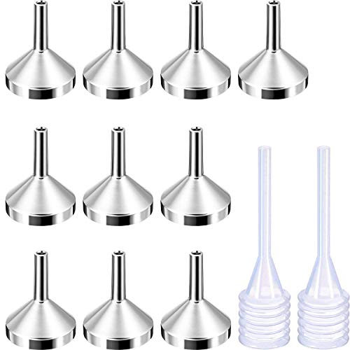 Paquete de 10 embudos de metal pequeños con 2 mini pipetas para rellenar pequeñas botellas o contenedores