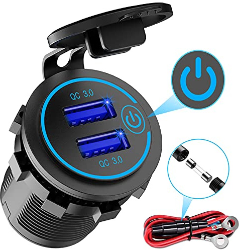 QC3.0 Dual USB 12V Outlet with Touch Switch: 12 Volt Marine Socket Golf Cart USB Port DC Car Charger Waterproof Power Adapter Cigarette Lighter Mount Fast Charge for Boat Motorcycle ATV RV