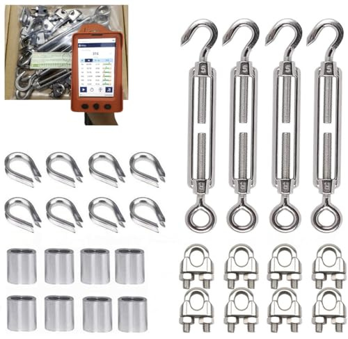 Ingpro 316 Stainless Steel Turnbuckle Kit,Wire Rope/Cable Tensioner, 4-Pcs M5 Hook & Eye Turnbuckle, 8-Pcs M3 Wire Rope Clip Clamp, 8-Pcs M3 Thimble, 8-Pcs M3 Aluminum Sleeve for 1/8 Inch Wire Rope