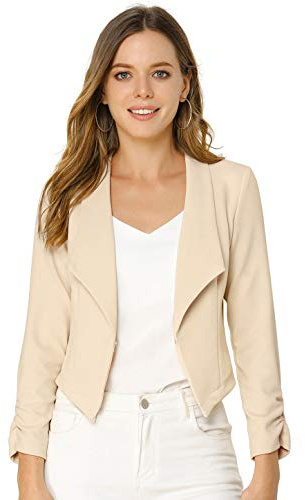 Allegra K Women's Notched Lapel Ruched Sleeve Jackets Business Cropped Blazer Small Beige