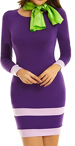 MSBASIC Halloween Costume Women Adult Purple Mini Dress Classic Cosplay Outfits With Scarf, Purple, XXL