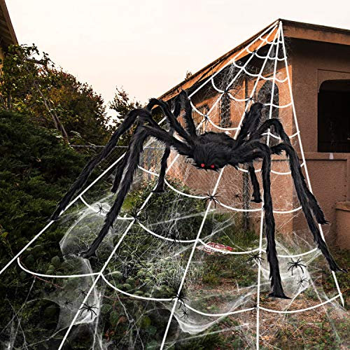iZoeL Halloween Decorations 79'' Giant Spider Triangular Giant Spider Web 275'' - 7M, 30pcs Plastic Spiders, 40g Cobweb - Halloween Party Indoor Outdoor Home Yard Haunted House