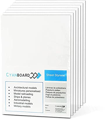 Cyanboard, Polystyrol Platten PS Platten Weiss. (DIN A4 6 Stk 1mm). Plasticard für Modellbau, Miniaturen, Dioramen, Bastelarbeiten und DIY. Kunststoffplatten aus HIPS.