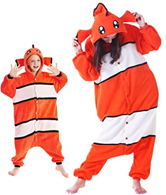 DarkCom Clownfish Onesie for Kids,Flannel AnimalCosplay Halloween Costume Parent-Child Sleepwear for Girls Boys 8-9 Years