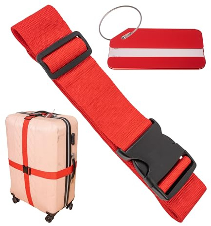 Kofferband Set mit Kofferanhänger, 200 cm Gurtband mit Schnalle für mehr Sicherheit, in Rot, mit Namensschild, Koffergurte mit Adressschild zum Reisen und Fliegen, Kofferspanngurte, Gurt Koffer