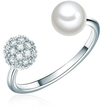 Lulu & Jane Damen-Ring aus Messing silber mit Muschelkernperle Rund 6 mm weiß und Zirkonia - Perlenring offen