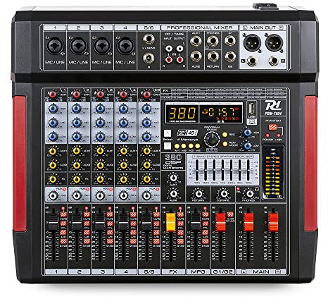 Power Dynamics PDM T604 Mesa de mezclas de 6 canales con interfaz de audio USB, Bluetooth y efectos DSP integrados, alimentación phantom +48v, EQ de 7 bandas, salida de auriculares, salida balanceada