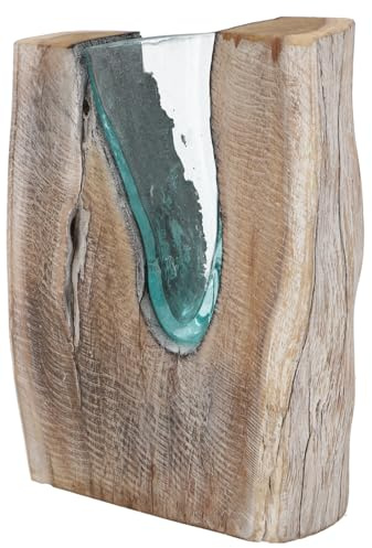 GURU SHOP Vase aus Recycelingglas, Glasvase Teakholz - M14, 33x25x8 cm