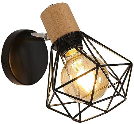Comely Lampada da Parete Vintage, E27 Applique da Parete in Metallo e Legno, Regolabile Illuminazione a Soffitto Lampada a Muro Retrò per Soggiorno, Cucina, Sala da Pranzo e Camera da Letto