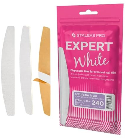 STALEKS PRO Lot de 30 limes à ongles avec base souple en mousse, adhésifs jetables blancs en forme de croissant - Expert 40 - Grain 240
