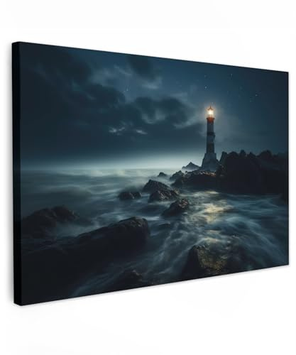 MuchoWow© Leinwand Deko Schlafzimmer Aesthetic Leinwandbilder Wohnzimmer | 90x60 cm - Gemälde Foto Geschenk Living Room Decoration Maritime - Leuchtturm - Meer - Nebel - Felsen - Maritim - Natur