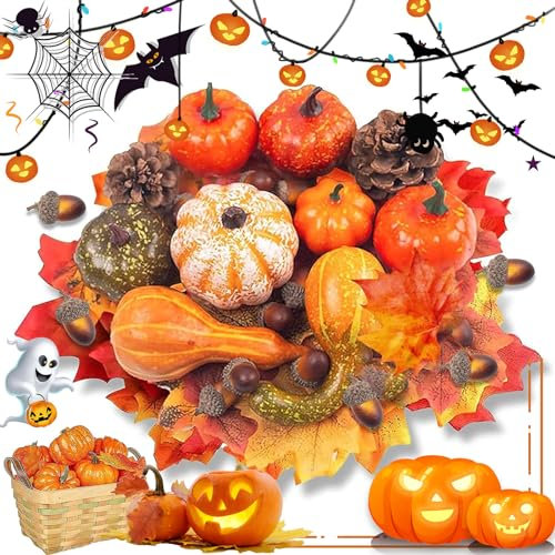 70 Pezzi Set per Decorare la Zucca Autunnale, Mini Zucche Finte di Acero Artificiale, Pigne e Ghiande, Per la Decorazione Autunnale di Halloween Del Ringraziamento