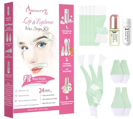 Bandes de Cire Froide Visage Dépilatoire Sourcils Lèvre, Peaux Sensibles 24 bandes + Poudre de Perle 2g, Huiles Essentielles Apaisantes 3g