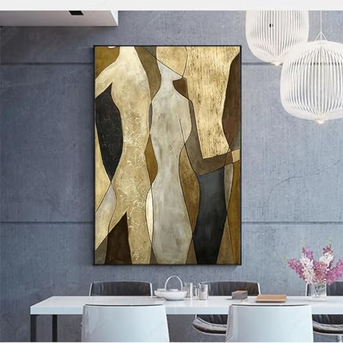 LSYALUCK made Picasso-Gemälde, abstrakte Figur, Wandkunst, Bild, Blattgold-Textur, Leinwand, Poster, Dekoration, Zuhause, Wohnzimmer, Leinwanddruck, 61 x 92 cm (24 x 36 Zoll), mit schwarzem Rahmen
