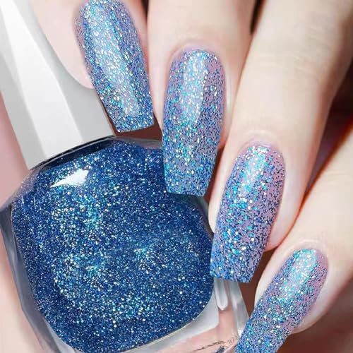 Glitter Nail Polish, Blue Nail Varnish, Diamond Glitter Quick Dry Nail Polish No UV Lamp Curing, Long Lasting, Chip Resistant, Non-Toxic, Quick Drying, Salon Manicure, At Home Manicure (15#Blue)