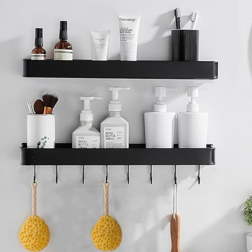 Esmula 2 Stück Duschablage ohne Bohren, 40 cm Duschregal Aluminum Badezimmer Regal Organizer, Dusch Ablage mit 5 Haken, Duschkorb für Bad Toilette Küche für Dusche, Schwarz