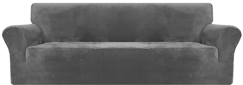 Generisch Samt Sofa Überzug Stretch Sofabezug Sofaschoner 3 Sitzer rutschfest Elastischer Couch Überzug Sofa Cover Mit Armlehnen Sofaüberzug Sofaschutz Couch Überwurf (Grau)