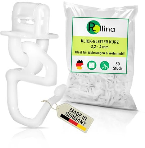 Rollina klick-Gleiter kurz (50 Stück) | Gardinenhaken für Gardinenschiene mit 3,2-4 mm Innenlauf | Vorhang Haken für Wohnwagen Wohnmobil Caravan LKW