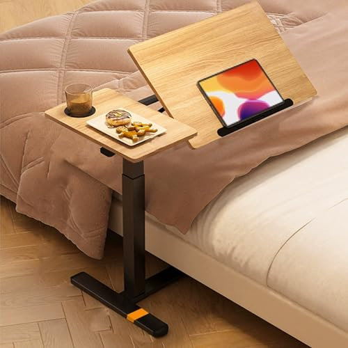 Höhenverstellbarer Beistelltisch Rollen, Mobiler Betttisch mit Luftdruckstange Pflegetisch Krankentisch, Foldable and Reversible für Zuhause, Krankenhaus(Brown)