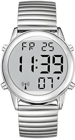 RUNCAR Atomic American English Talking Watch Speaks Clear and Loud Time, Date and Alarm time Stretch Band for Senior,Visually impaired or Blind People (Mens Silver-A)