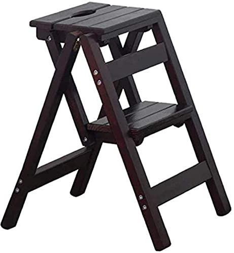 OZBMA Folding Step Stool Stepladders 2 Steps Ladders Small Stool Folding Portable Solid Wood Household Step Rack Ladder (Wood Color) (Black)