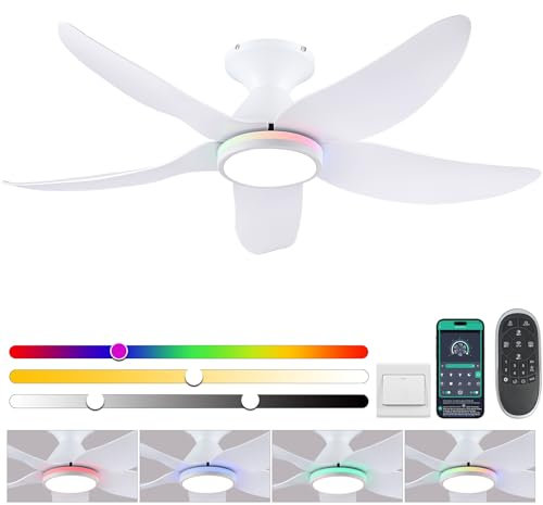 Surtime Ventilatore da soffitto con illuminazione silenzioso, 117 cm, con luce e telecomando, per camera da letto, soggiorno, 6 velocità, dimmerabile, motore DC reversibile, ali in legno (bianco)