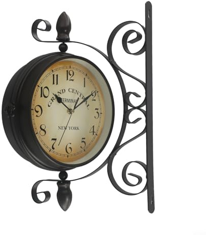 Sumsoctober Orologio da parete in ferro battuto a doppio lato, stile vintage, diametro 20,3 cm, rotazione a 360°, orologio stazione ferroviaria