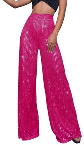 Pailletten Hose Damen Gold-Glitzer Hose Lang Metallic Hose Lang High Waist Baggy Jogginghose Weites Bein Sommerhose Locker Weite Hose Große Größen Paillettenhose Metallic Hosen Büro Pants(Heißes Rosa,