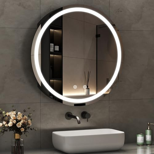 Boromal Spiegelschrank Rund mit LED Beleuchtung Spiegelschrank Bad mit Beleuchtung Schwarz Metall Badezimmerschrank Rund mit Stecker + Dimmbar + Beschlagfrei + Ablage (60 x 60 x 13,5 cm)