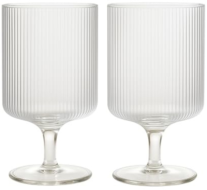 Khen Textured Clear Glass Ribbed Modern Elegant Wine Goblets for Red White Rosé Beverages | Set of 2 | Tall Ripple Stemware Drinkware Cups | Minimalist Durable Aesthetic Table Kitchen Bar Party Use