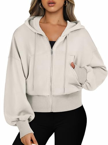 Jhsnjnr Damsweatjacka med huva långärmad huvtröja sweatshirt dragkedja sport kort jacka crop zip huvtröja, Vit aprikos, M