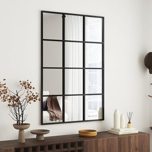 SHYFOY Espejo de Ventana – 120 x 80 cm Gran espejo de pared con marco de metal – Espejo decorativo para sala de estar, dormitorio y entrada – Espejo de pared negro mate con diseño de rejilla