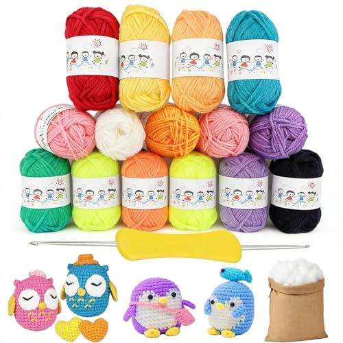 Set di 17 gomitoli di lana per uncinetto, 12 colori spessi, filato per uncinetto in cotone, filato per lavorare a maglia, con uncinetto, filo di cotone e tre clip di marcatura, ideale per principianti