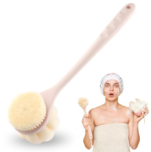 BOSMIOW 1-Pack Pink Double Sided Bath Brush with Soft Bristles and Loofah,Long Handle Back Scrubber,Exfoliating Back Shower Brush for Women and Men