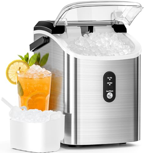 Nugget Ice Maker Machine with Self-Cleaning, 16KG/24H, Portable Countertop Ice Cube Maker with Handle, Basket & Scoop – Ideal for Home, Kitchen, Office， Camping，Stainless Steel，Silver