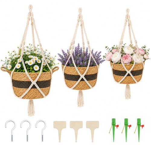 LEEJARD 3er Hänge-Blumentöpfe aus Seegras – Naturmaterial Handgewebte Pflanzkörbe, Boho Blumenampel mit Baumwollseil, Metallhaken & Tropfbewässerer, für Innen- und Außenbereich (Seegras + Schwarz)