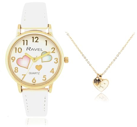 Ravel - Ensemble Montre Dorée et Collier Cœur pour Filles « Petits Joyaux » - Quartz Analogique - R2232.4 - Blanc