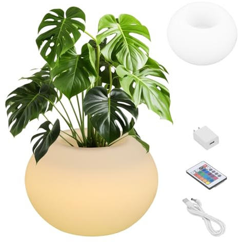 Lemoeyes 14-in LED Flower Pot Outdoor, Rechargeble Planter Light with 16 Dimmable Colors Illuminated Planter Waterproof Light Up Plant Pot for Home Balcony Porch Yard (14 D x 9.5 H, Round)