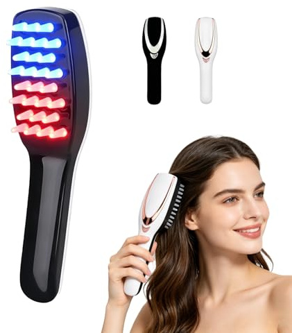 Warmforwel Elektrischer Kopfhaut Massagekamm mit rotem & blauem LED-Licht, 3 Intensitätsstufen Vibration, Wiederaufladbare Haarbürste mit 28 weichen Knoten, Tragbar für Damen & Herren (Weiß)