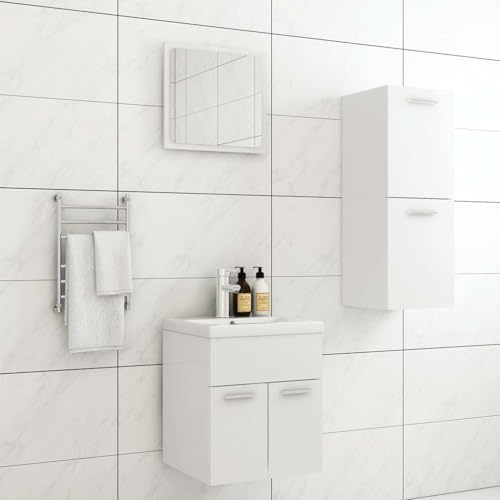 GeenYuu Bathroom Furniture Set White Wood Material with Sink Cabinet, Midi Cabinet and Mirror, Storage Space Bathroom Furniture Set for Washbasin, Order and Storage in the Bathroom and Guest Room