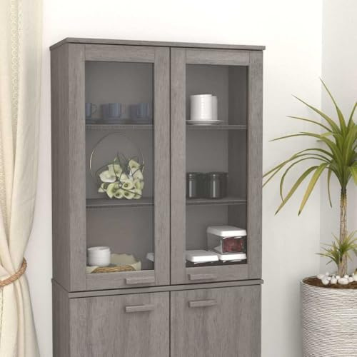 YNGBHFNOP Highboard-Oberteil HAMAR Hellgrau 85x35x100 cm Massivholz Kiefer Vitrineneinsatz Sideboard-Aufsatz mit Glastüren und Ablagen für Wohnzimmer Esszimmer Schrankaufsatz