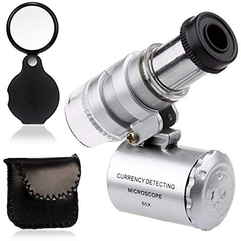 KINGMAS Mini 60X LED Mikroskop, Taschenmikroskop Lupe Mikroskop für Juwelier Einstellbare Lupe mit UV-Licht with 10x Taschenlupe