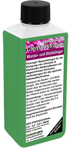 GREEN24 Clematis Dünger - 250ml Spezialdünger für Kletterpflanzen Waldrebe Clematis Jackmanii Montana Viticella Rankpflanzen an Pergola Zaun Spalier NPK Flüssigdünger Konzentrat