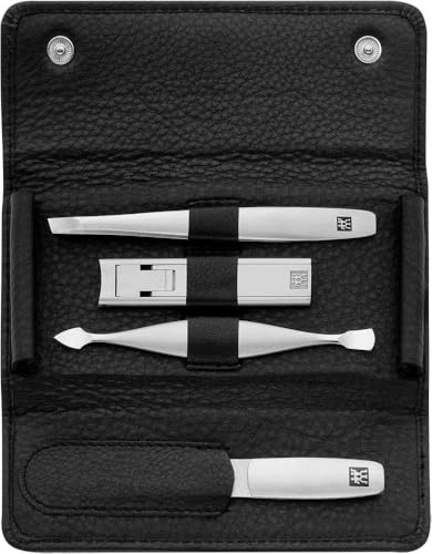 ZWILLING Manikyrset (4 delat, tryckknappsetui, äkta läder, ergonomisk design, med kompakt nagelklippare), Premium , Svart