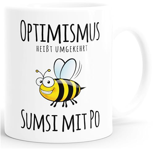 MoonWorks® Optimismus heisst umgekehrt Sumsi mit Po Bürotasse Motiv Biene Weiss unisize
