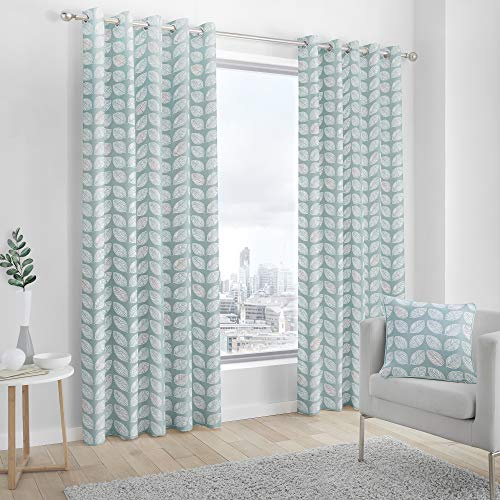 Fusion Delft Leaf Print 100% Cotton Eyelet Lined Curtains, Duck Egg, 90 x 72 Inch