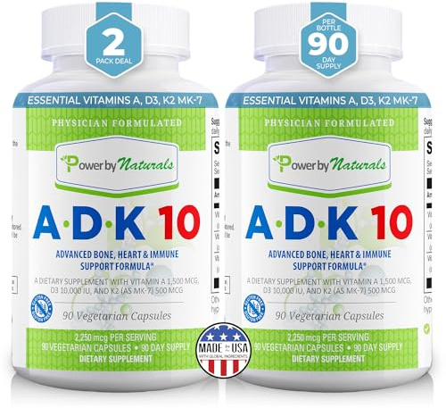 Power By Naturals ADK Vitamin Supplement – Vitamins A, D3 250 mcg & K2 MK-7 for Bone & Immune Health – Gluten-Free, Soy-Free – 180 Capsules, 2-Pack (6-Month Supply)