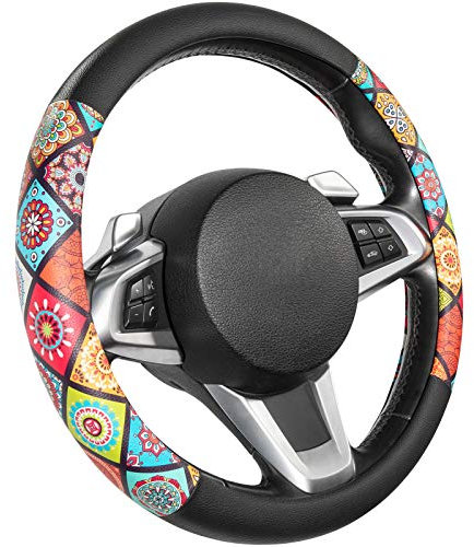 SEG Direct Couvre Volant Housse de Volant de Voiture en Cuir Microfibre Motif Mandala pour Femmes Filles, Taille Standard 37-39 cm, Multicolore Et Noir