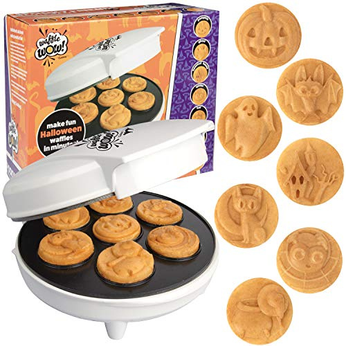 Waffle Wow! Mini waflera de Halloween – 7 diseños espeluznantes diferentes, haz que el desayuno sea divertido con una plancha eléctrica antiadherente con una araña fantasma de murciélago de calabaza y