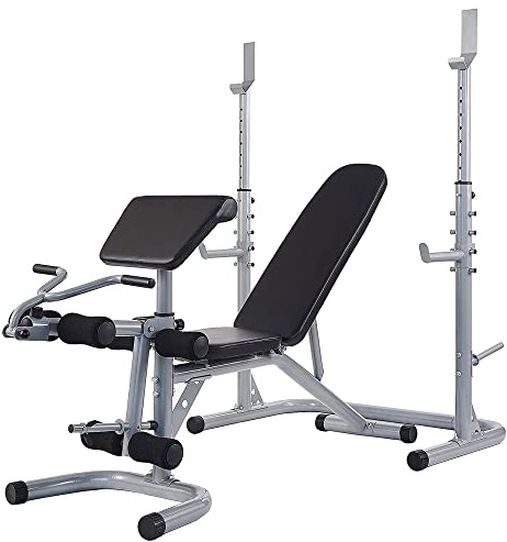 BalanceFrom RS 60 Multifunctional Workout Station Adjustable Olympic Workout Bench with Squat Rack, Leg Extension, Preacher Curl, and Weight Storage, 800-Pound Capacity, Gray